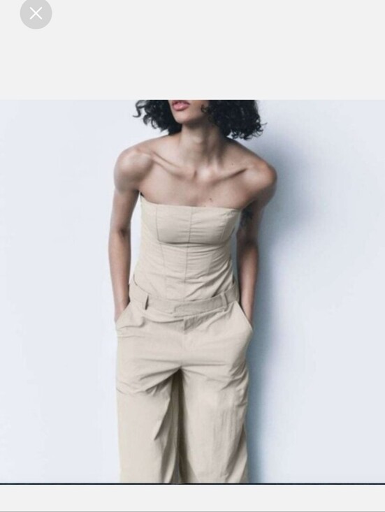 Zara Pants - Zara Neutral Strapless Wide-Leg Jumpsuit - Light Beige